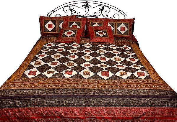 Multi-Color Seven Piece Banarasi Bedcover with Patch Work