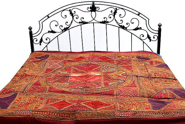 Multi-Color Solar Bedcover from Kutch with Mirrors and All-Over Thread Work