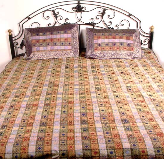 Multi-Colored Bedcover from Banaras with Checks