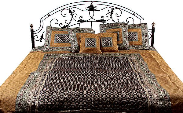 Mustard and Black Seven-Piece Banarasi Bedcover with Jall-Weave