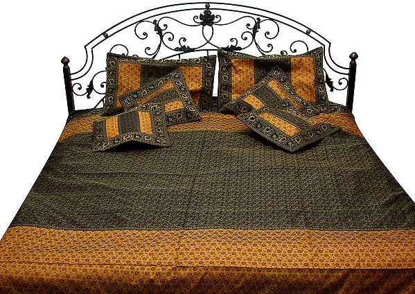 Mustard and Black Seven-Piece Bedcover Banarasi Bedcover with Tanchoi Weave and Brocaded Border