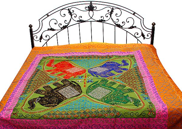 Mustard and Green Gujarati Bedspread with Appliqué Elephants and All-Over Embroidery