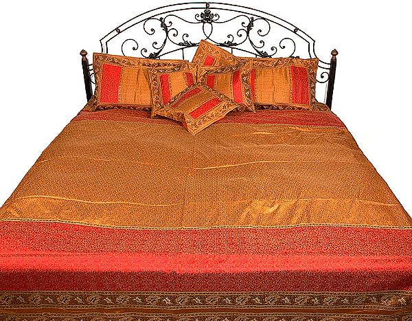 Mustard and Red Banarasi Bedcover with Tanchoi Weave