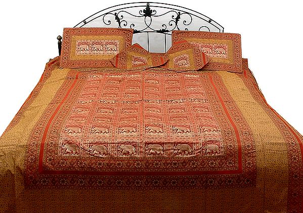 Mustard and Red Seven-Piece Banarasi Bedcover with Woven Elephants