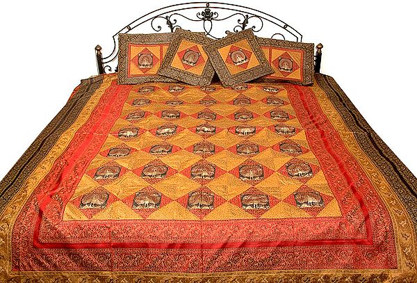 Mustard and Red Seven-Piece Banarasi Bedcover with Woven Elephants