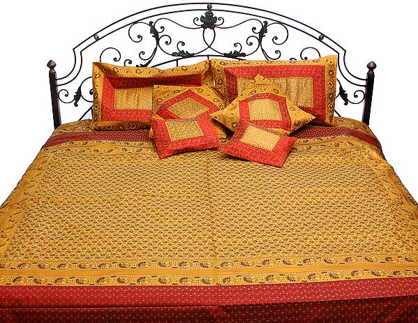 Mustard and Red Seven-Piece Banarasi Bedcover with Tanchoi Weave and Brocaded Border