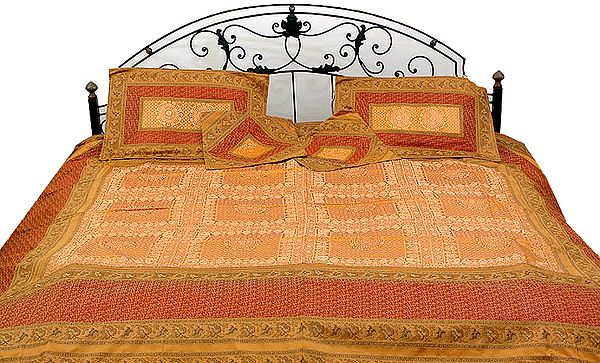 Mustard and Red Tanchoi Bedcover from Banaras with Floral Brocade Weave