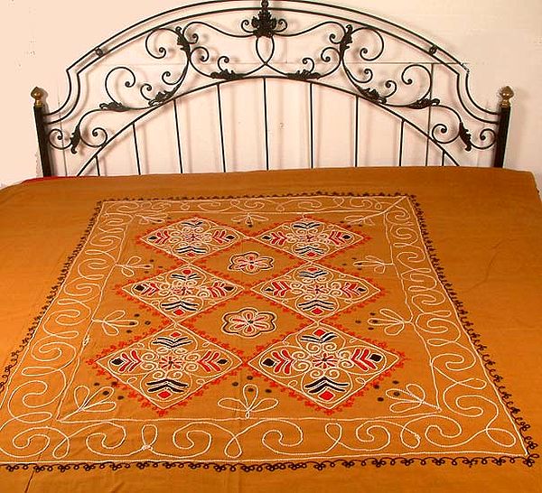 Mustard Bedspread with Multi-Color Embroidery