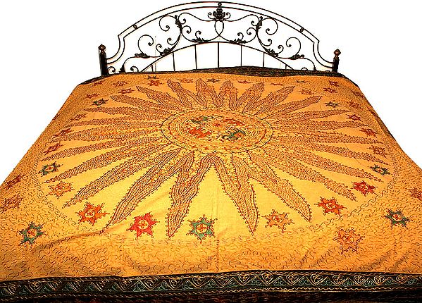 Mustard Solar Blaze Gujarati Bedspread with Hand-Embroidered Elephants