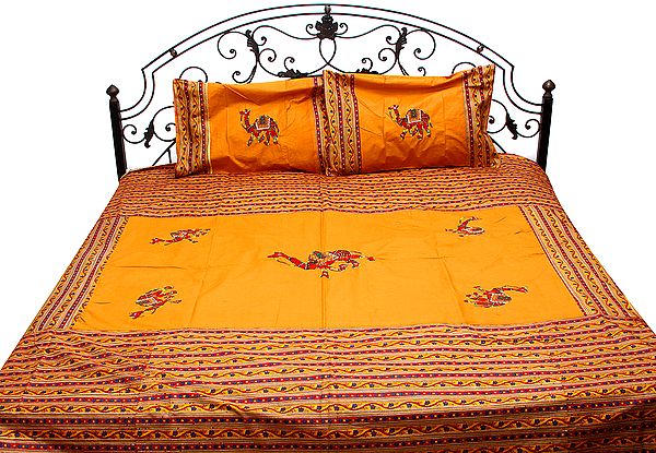Mustard-Yellow Applique Bedspread with Embroidered Camels