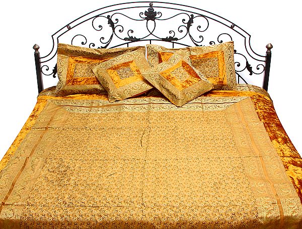 Mustard-Yellow  Five-Piece Banarasi Bedspread with Velvet Patches and Brocade Weave