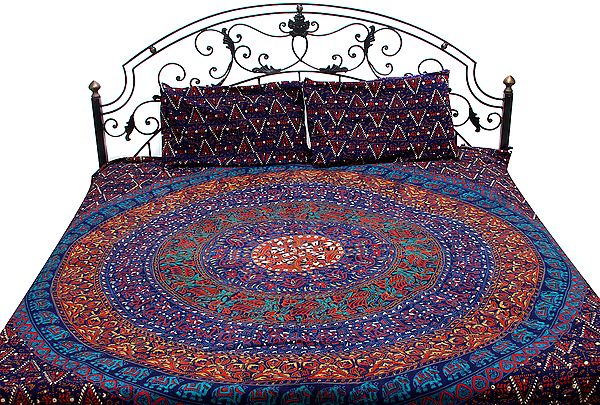 Navy Blue Bedspread From Pilkhuwa with Printed Elephants All-Over