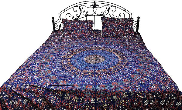 Navy Blue Bedspread from Pilkhuwa with Printed Giant Mandala