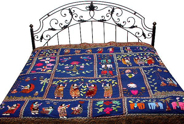 Navy-Blue Folk Bedcover from Kumaon with Patchwork by Hand