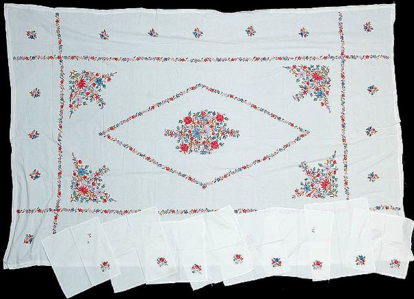 Nine Piece White Kashmiri Dinner Set with Crewel Embroidery