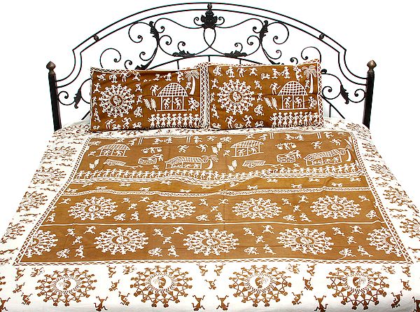Old-Gold Bedspread with Hand Printed Folk Figures Inspired By Warli Art