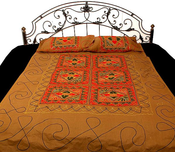 Old-Gold Single Bedspread from Gujarat with All-over Embroidery