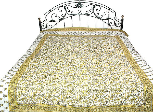 Olive and Yellow Printed Bedspread from Sanganer