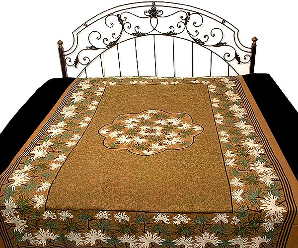 Olive Floral Printed Single Bedspread from Sanganer