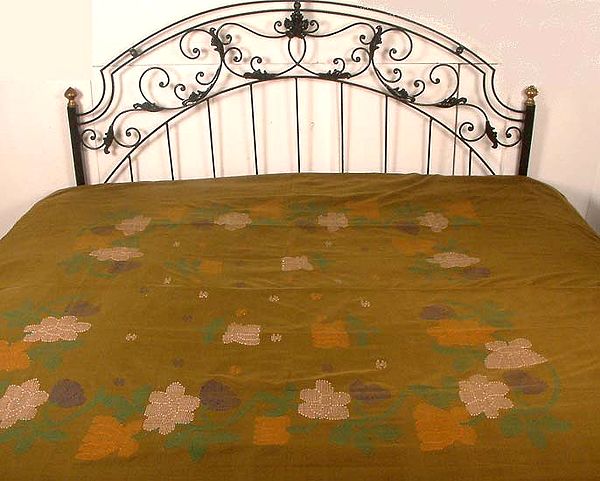 Olive Green Bedspread from Manipur with Floral Embroidery