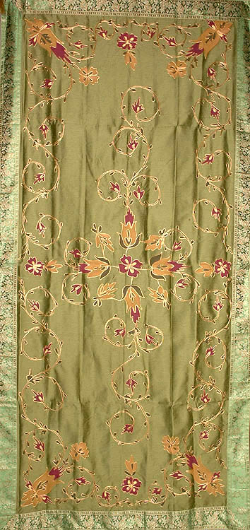 Olive Green Floral Table Runner with Golden Thread Work