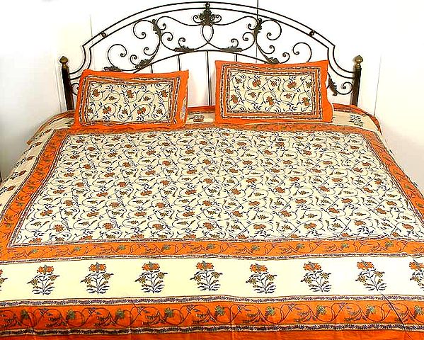 Orange and Ivory Floral Printed Bedspread