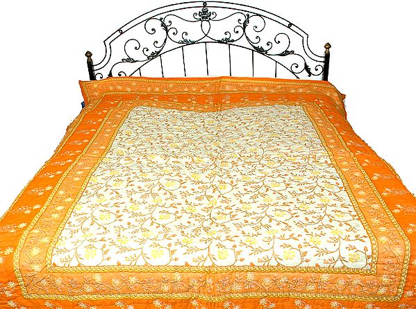 Orange and Ivory Jaipuri Quilt with Sanganeri Print