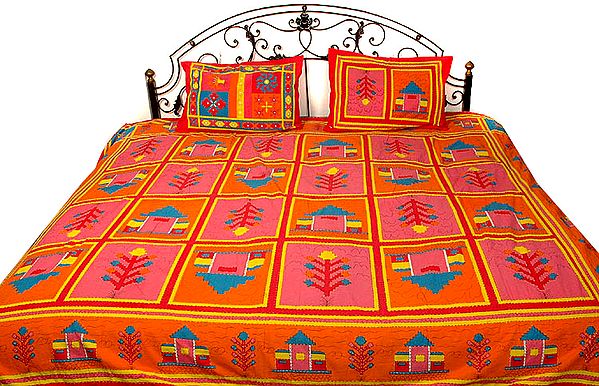 Orange and Pink Bedspread with Kantha Stitch Embroidery and Printed Hut