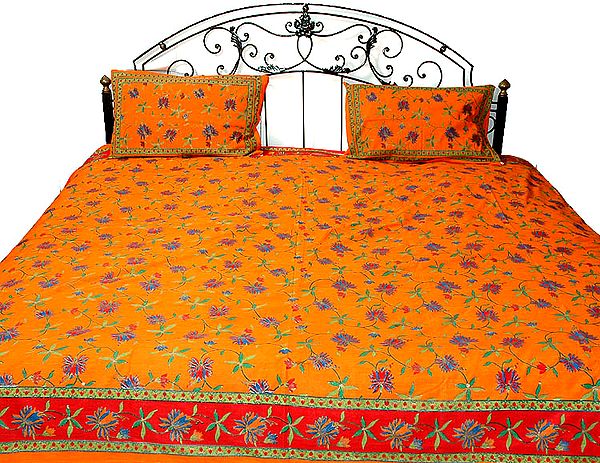 Orange and Red Floral Printed Bedspread
