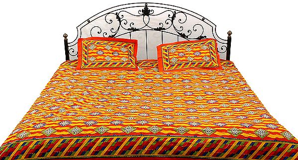 Orange and Yellow Kantha Stitch Bedspread with Printed Diamonds