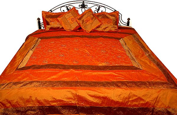 Orange Bedcover with All-Over Embroidered Flowers and Brocaded Border