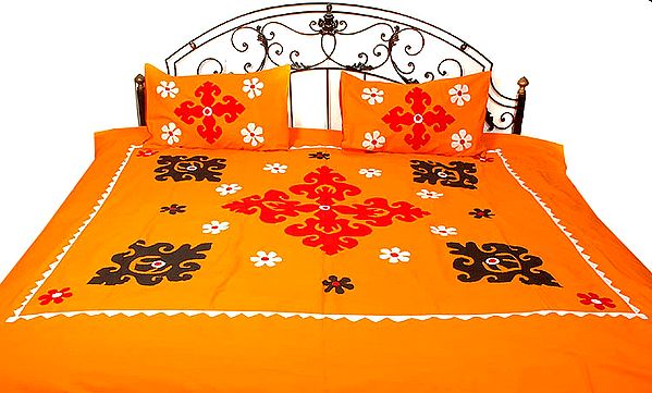 Orange Bedspread with Appliqué Work
