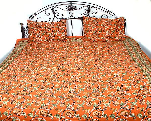 Orange Block Printed Floral Bedspread