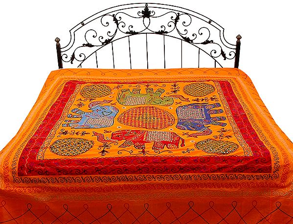 Orange Gujarati Bedspread with Appliqué Elephants and All-Over Embroidery