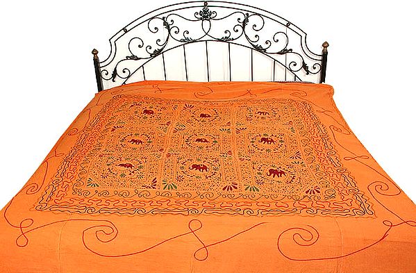 Orange Gujarati Bedspread with Embroidered Elephants