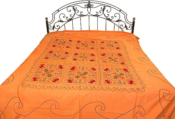 Orange Gujarati Bedspread with Embroidered Elephants