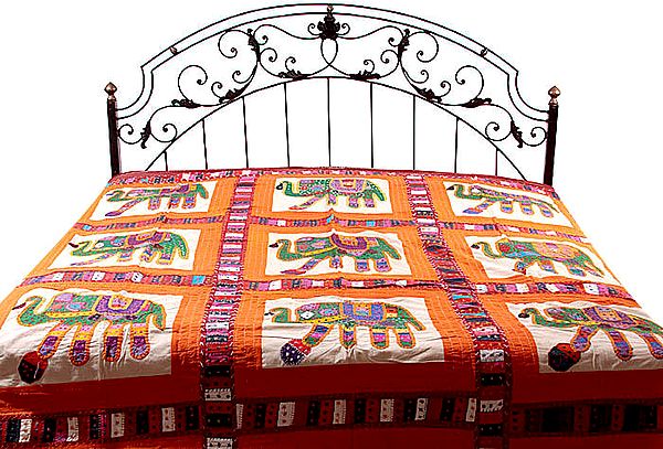 Orange Kutch Embroidered Bedspread with Appliqué Elephants