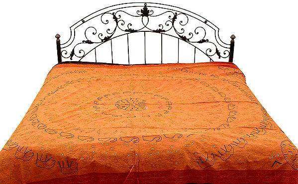 Orange Stonewash Bedspread with Embroidered Elephants