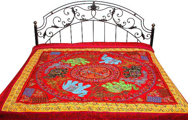 OxBlood-Red Gujarati Bedspread with Appliqué Elephants, Sequins and All-Over Embroidery