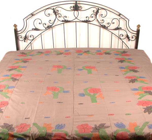 Pale Brown Bedspread from Manipur with Floral Embroidery