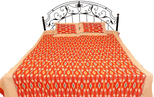 Paprika-Red Bedspread with Ikat Weave Hand-Woven in Pochampally