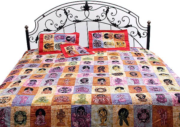 Patchwork Batik Bedspread with Hindu Deities