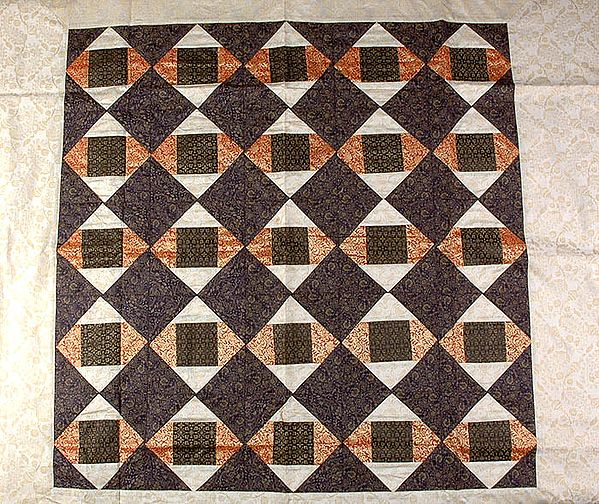 Patchwork Table Cover from Banaras with All-Over Golden Thread Weave
