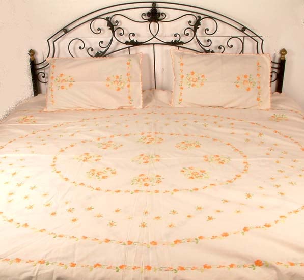 Peach Bedspread with Floral Embroidery
