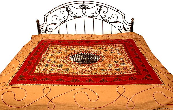 Peach-Yellow Gujarati Bedspread with Hand-Embroidery