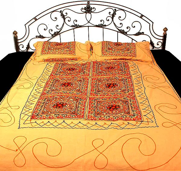 Peach-Yellow Single Bedspread from Gujarat with All-over Embroidery