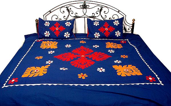 Persian Blue Bedspread with Appliqué Work