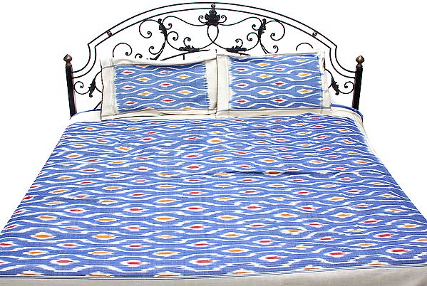 Persian Jewel-Blue Bedspread with Ikat Weave Hand-Woven in Pochampally