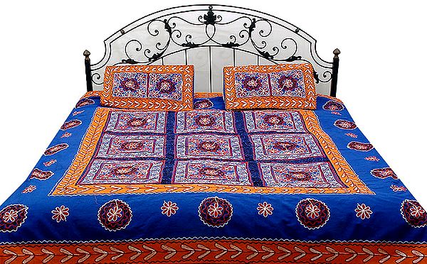 Persian-Blue Gujarati Bedspread with Hand-Embroidery All-Over
