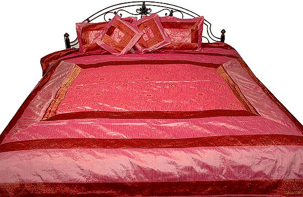 Pink Bedcover with All-Over Embroidered Flowers and Brocaded Border